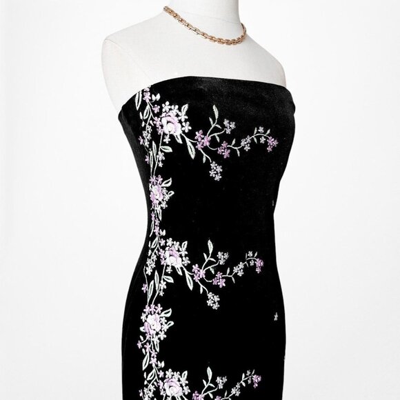 Vintage Strapless Velvet Floral Embroidered Maxi Bodycon Slit Dress Size S/M/L - Picture 5 of 6